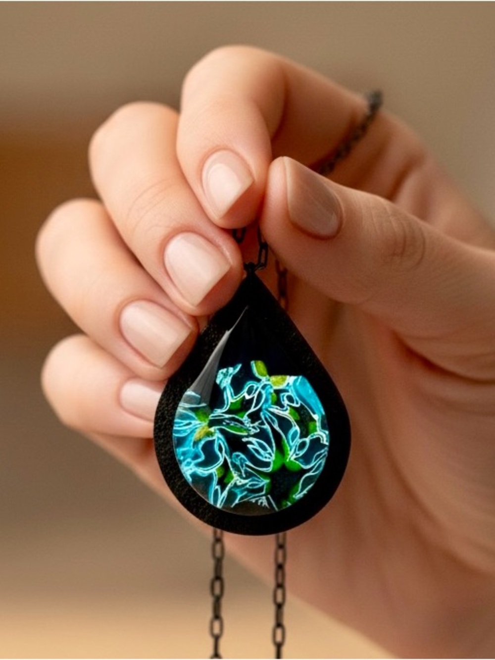Handmade Blue & Black Abstract Floral Polymer Clay Large Pendant Necklace Chain